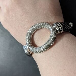 Silver Tone Clear Rhinestone Open Circle Hinged Cuff Statement Bracelet